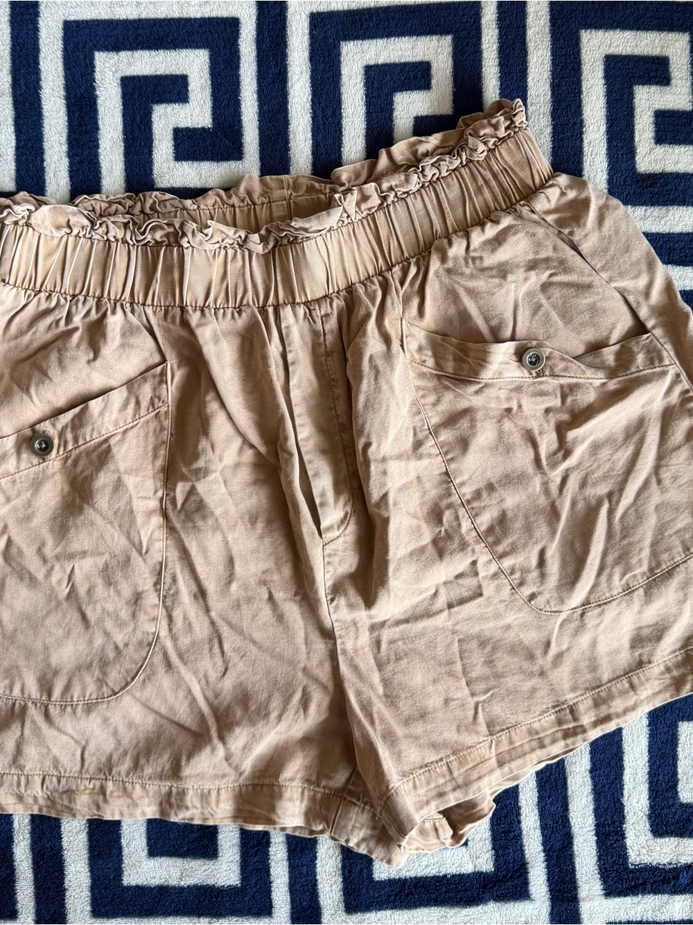 Jane and Delancey Ruffled Elastic Waist Tan Shorts with Front Pockets